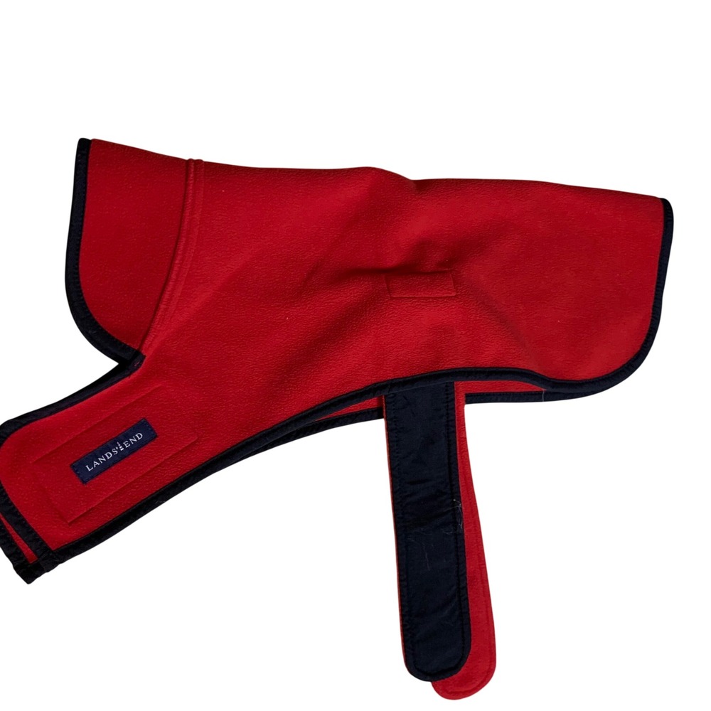 Lands End Dog Fleece Coat Size M Red Navy Trim Adjustable Wrap Jacket Outdoor